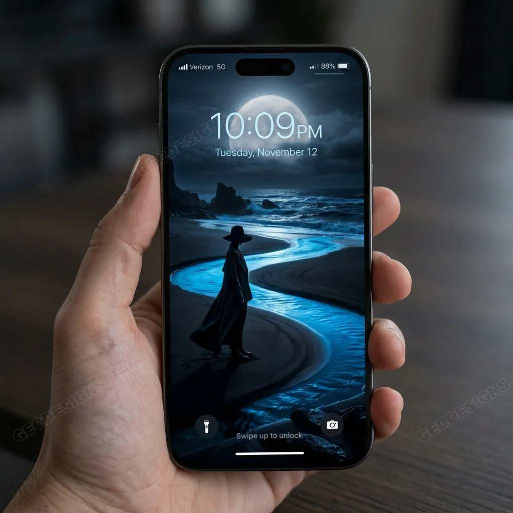 Moonlit beach iPhone wallpaper with blue glow mockup two