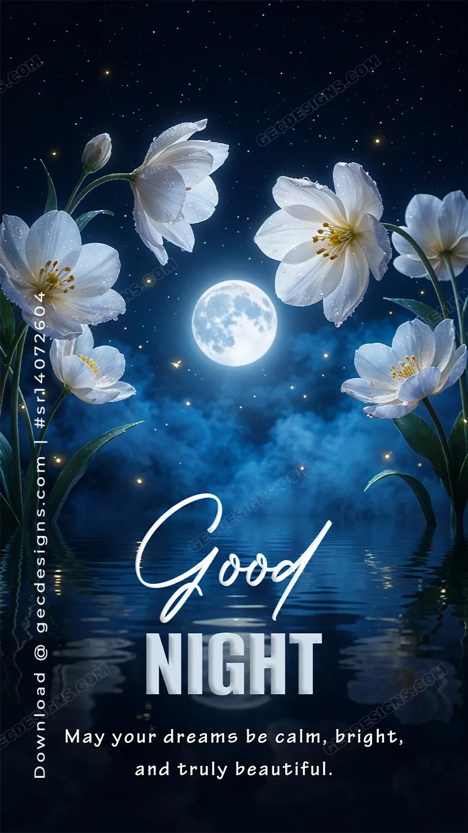 Moonlit Floral Good Night Image with Calm Reflections