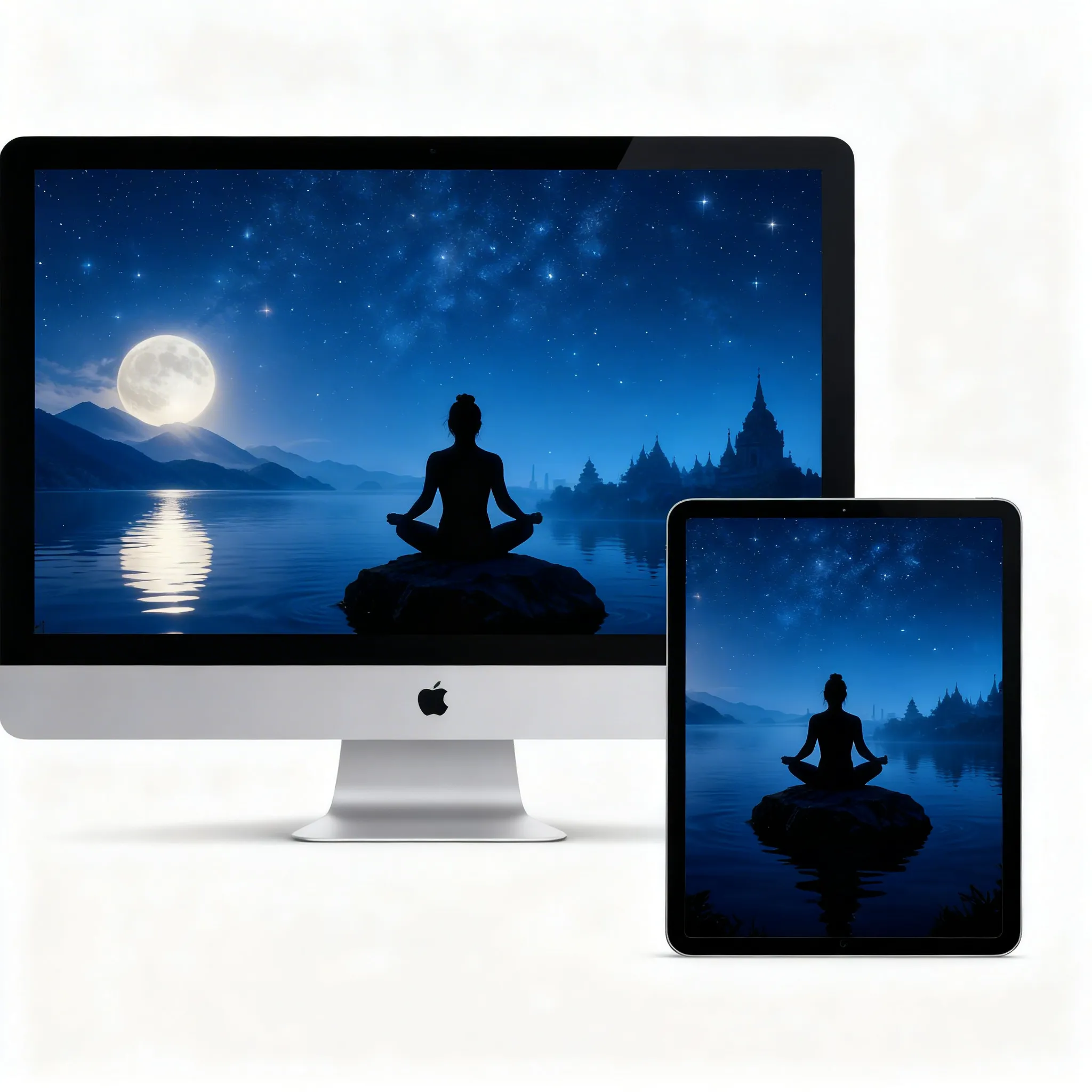 Moonlit Meditation By A Peaceful Lake Under A Starry Night Sky Desktop Wallpaper Sr06032614 Mockup One
