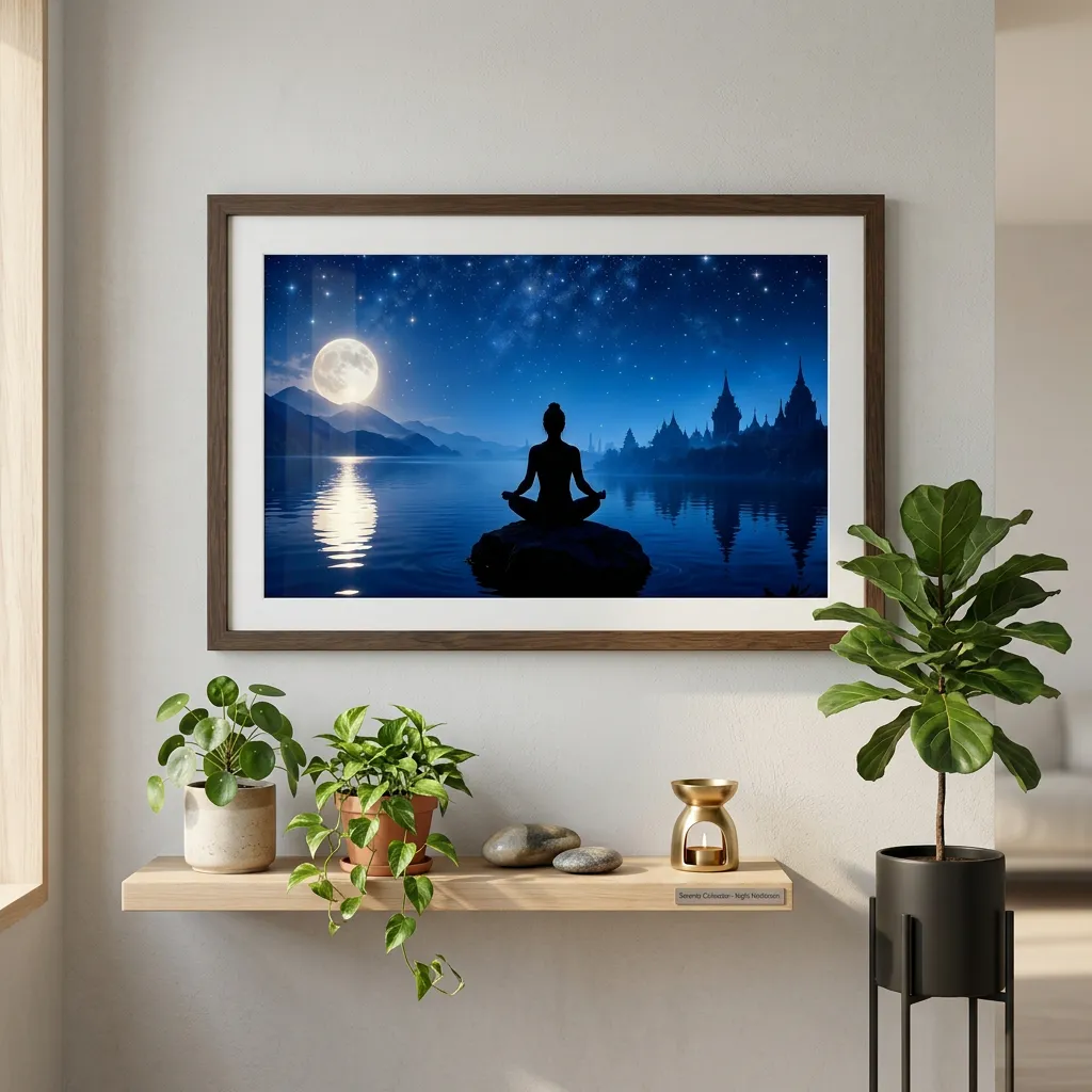 Moonlit Meditation By A Peaceful Lake Under A Starry Night Sky Desktop Wallpaper Sr06032614 Mockup Two