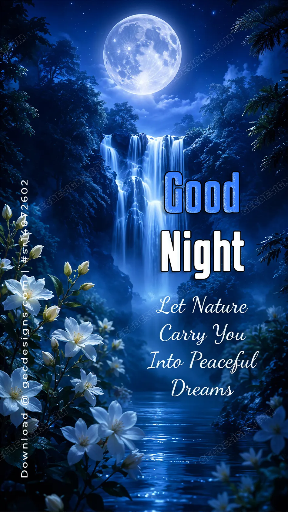 Moonlit Waterfall Good Night Image with Peaceful Nature