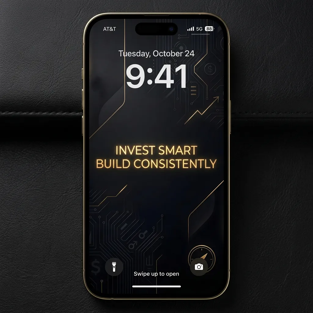 Motivational finance iPhone wallpaper with invest smart quote and modern tech design mockup one