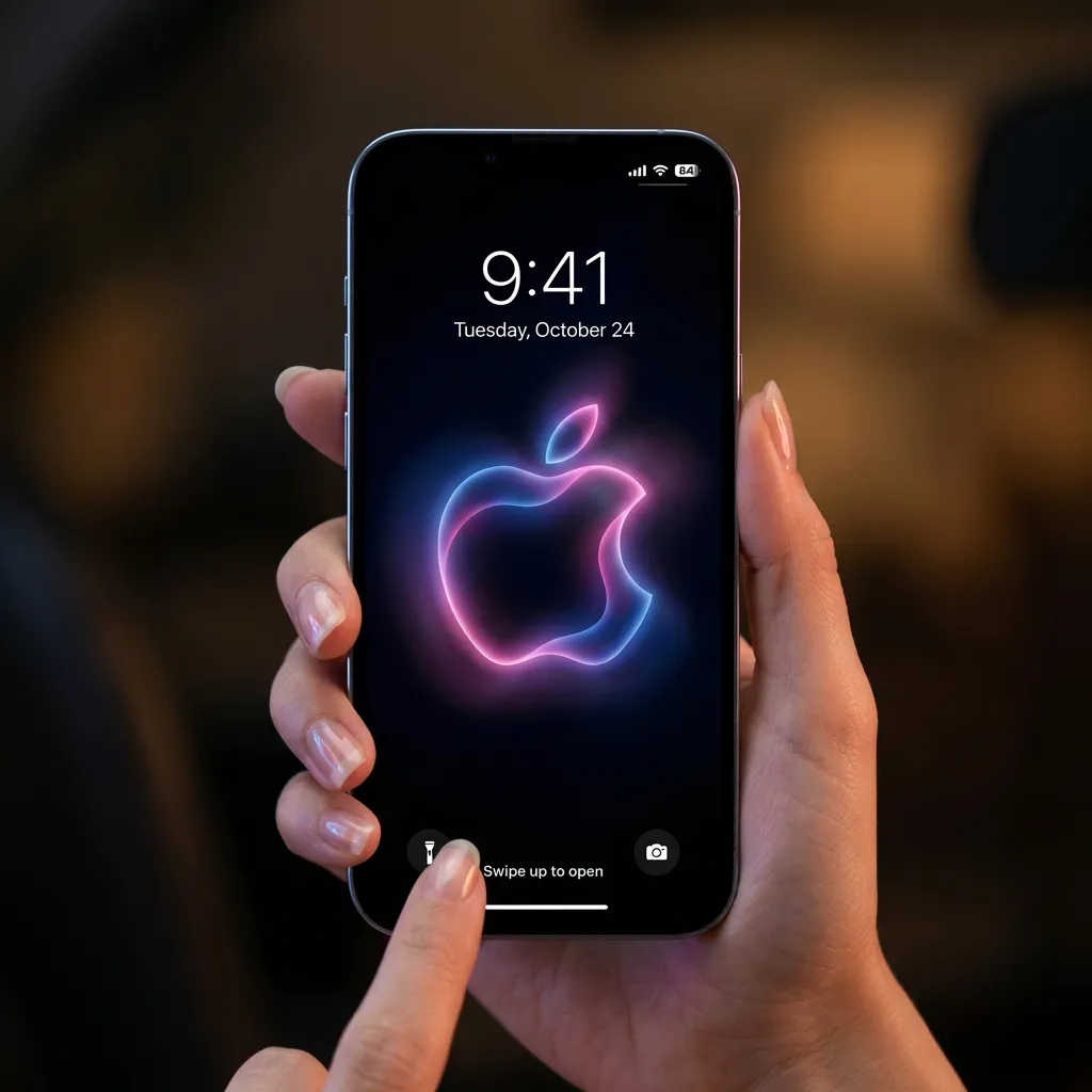 Neon Apple logo iPhone wallpaper in pink and blue glow on black mockup one