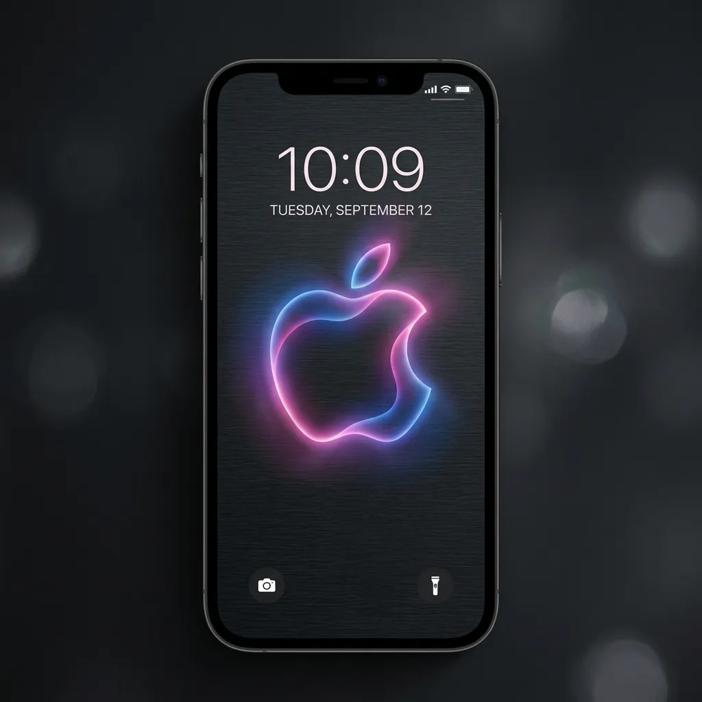 Neon Apple logo iPhone wallpaper in pink and blue glow on black mockup two