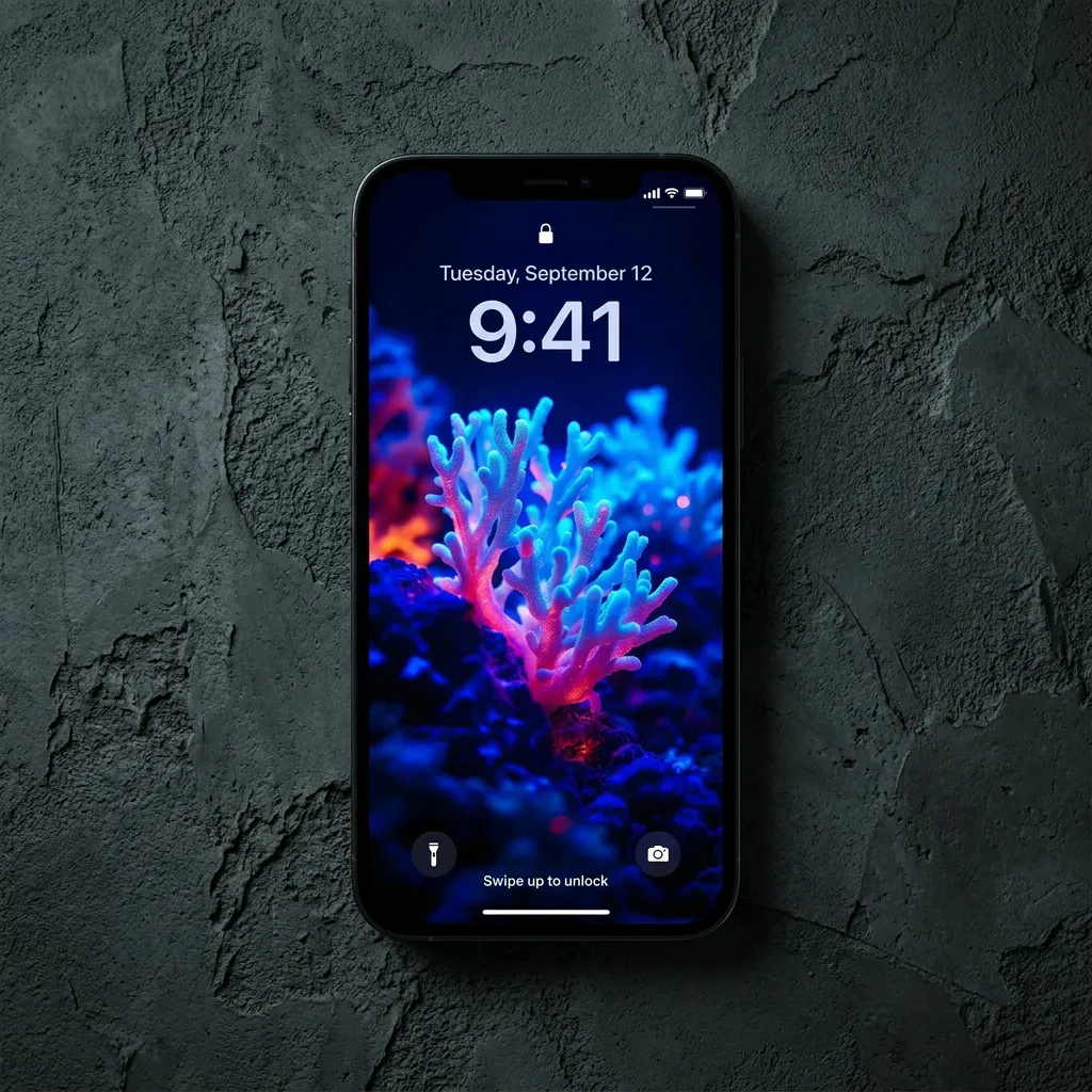 Neon coral reef iPhone wallpaper in blue and pink glow mockup one