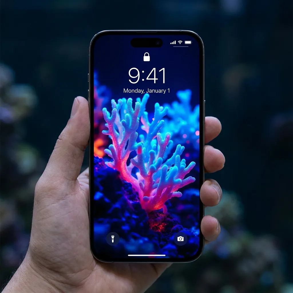 Neon coral reef iPhone wallpaper in blue and pink glow mockup two