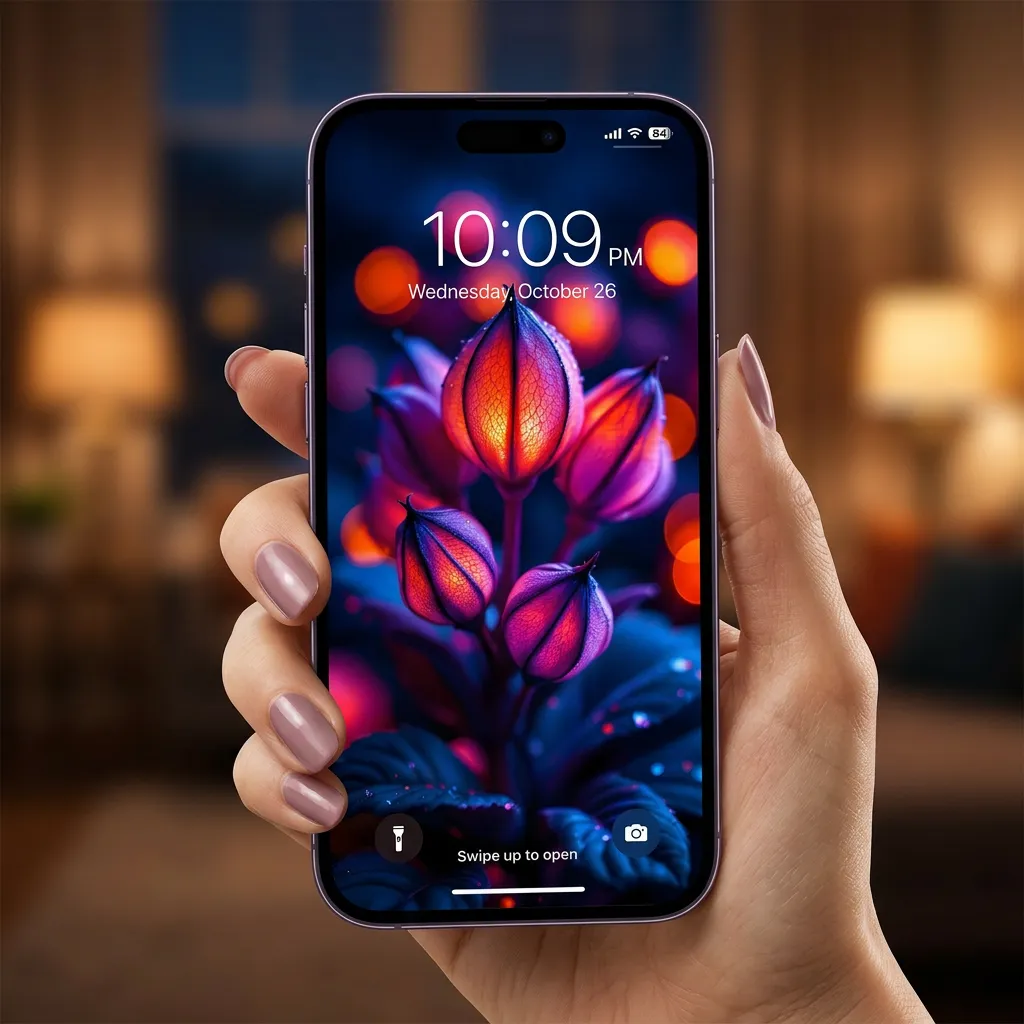 Neon flower iPhone wallpaper with glowing pods mockup one