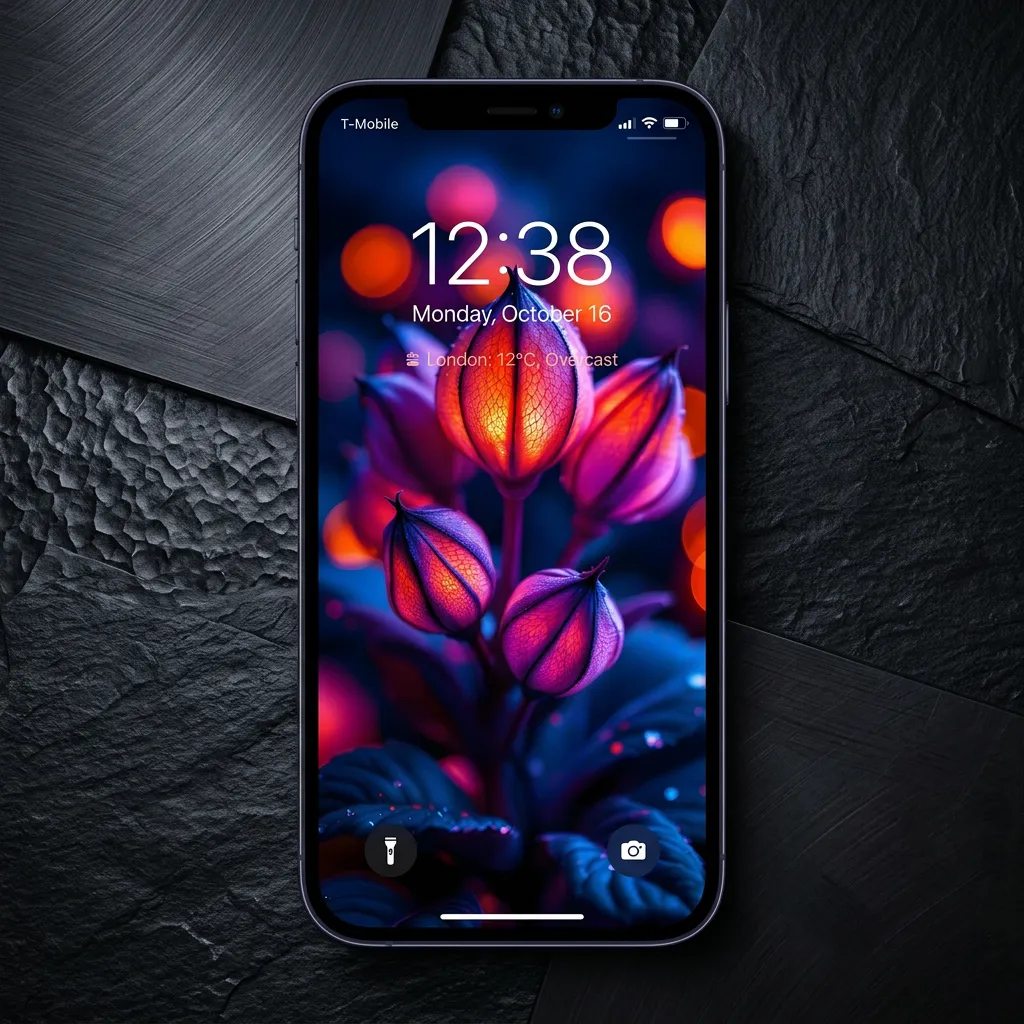 Neon flower iPhone wallpaper with glowing pods mockup two