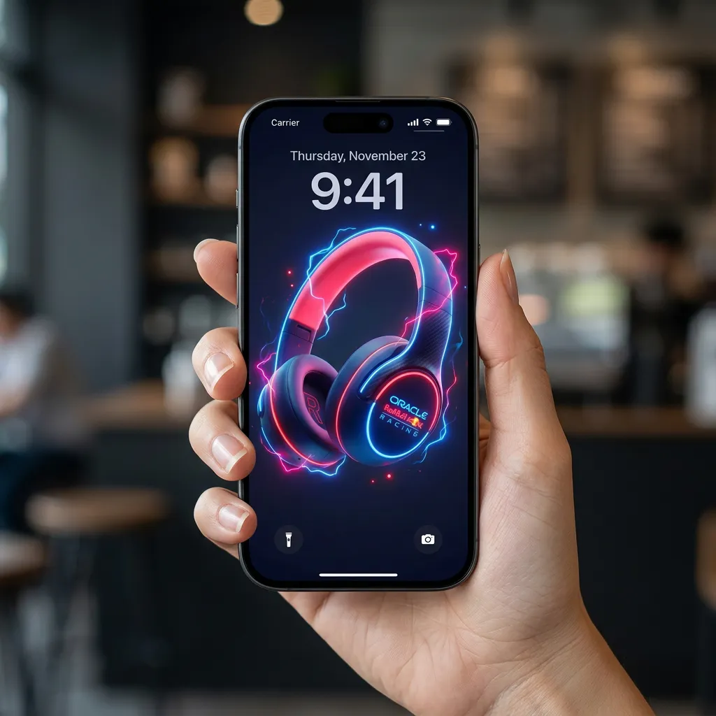 Neon gaming headphones iPhone wallpaper for streamers mockup two