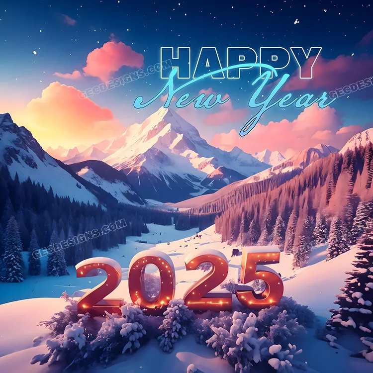 New Year 2025 wishes, Winter Snow mountain background GEC Designs