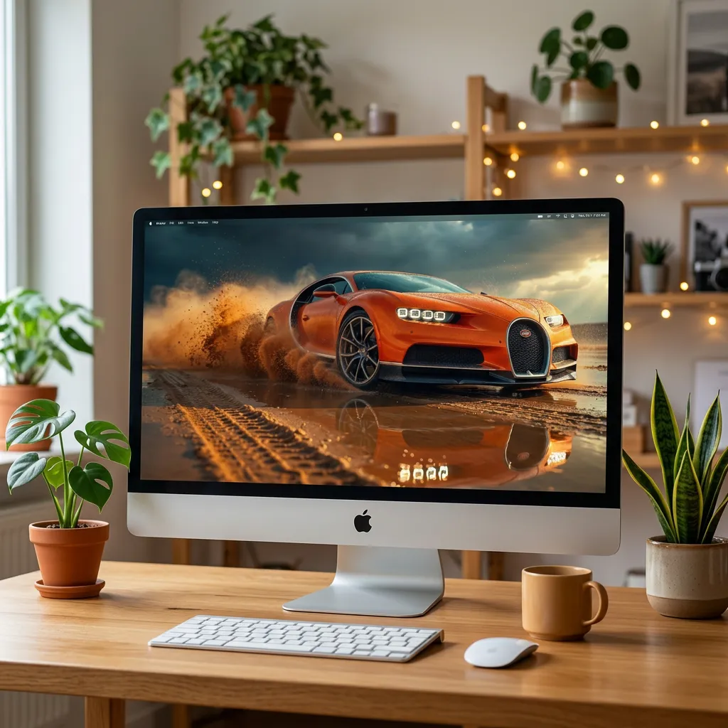 Orange hypercar desktop wallpaper with mud splash action mockup one