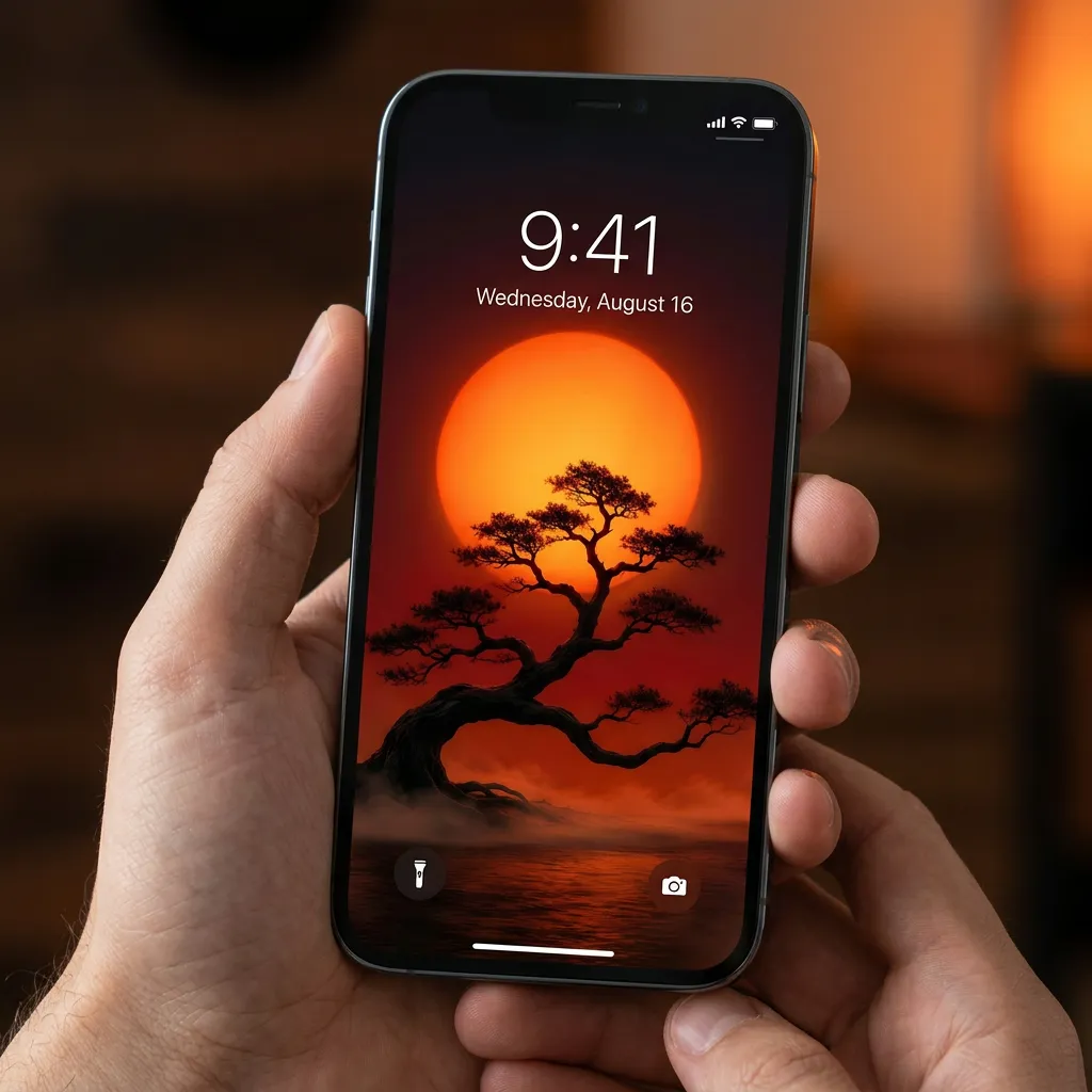 Orange sunset tree iPhone wallpaper with calm water mockup one