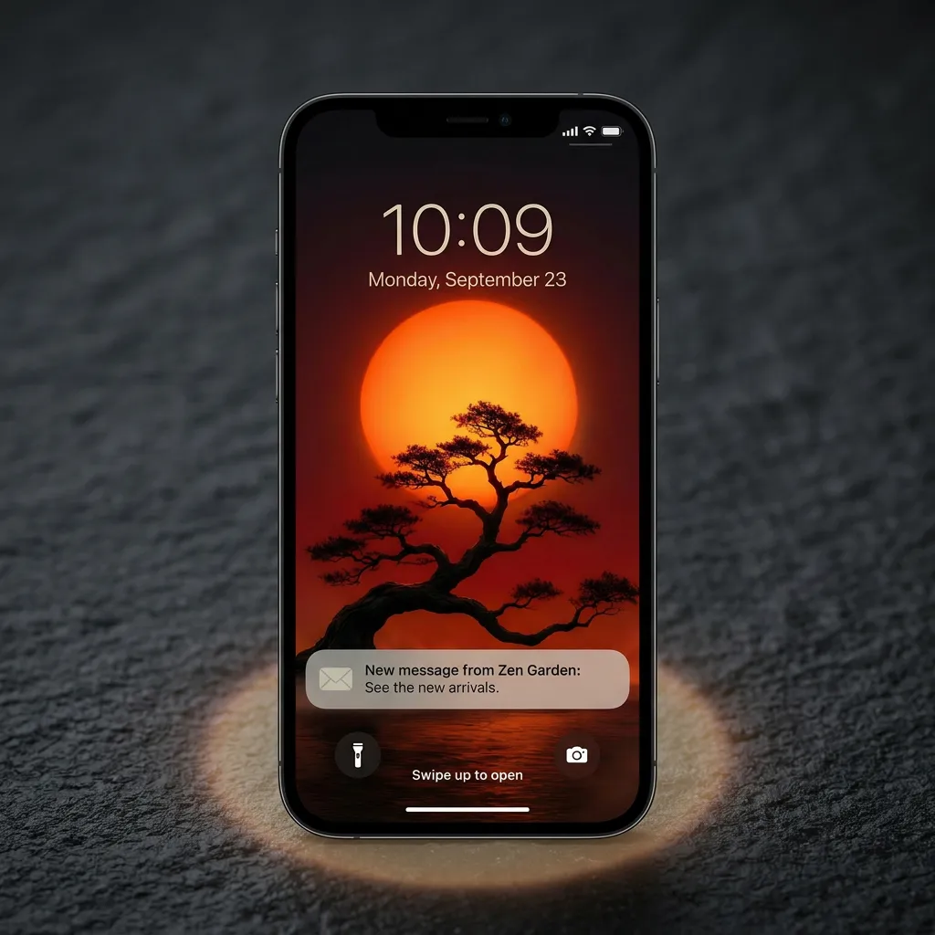 Orange sunset tree iPhone wallpaper with calm water mockup two