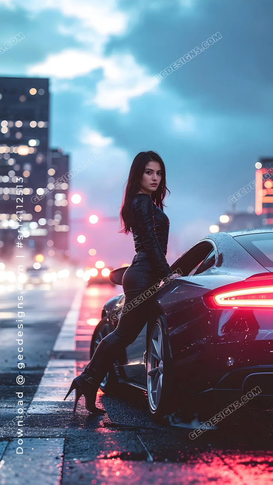 Party Girl in Black Leather Outfit Leaning on Luxury Sports Car Under Neon City Lights on a Rainy Night