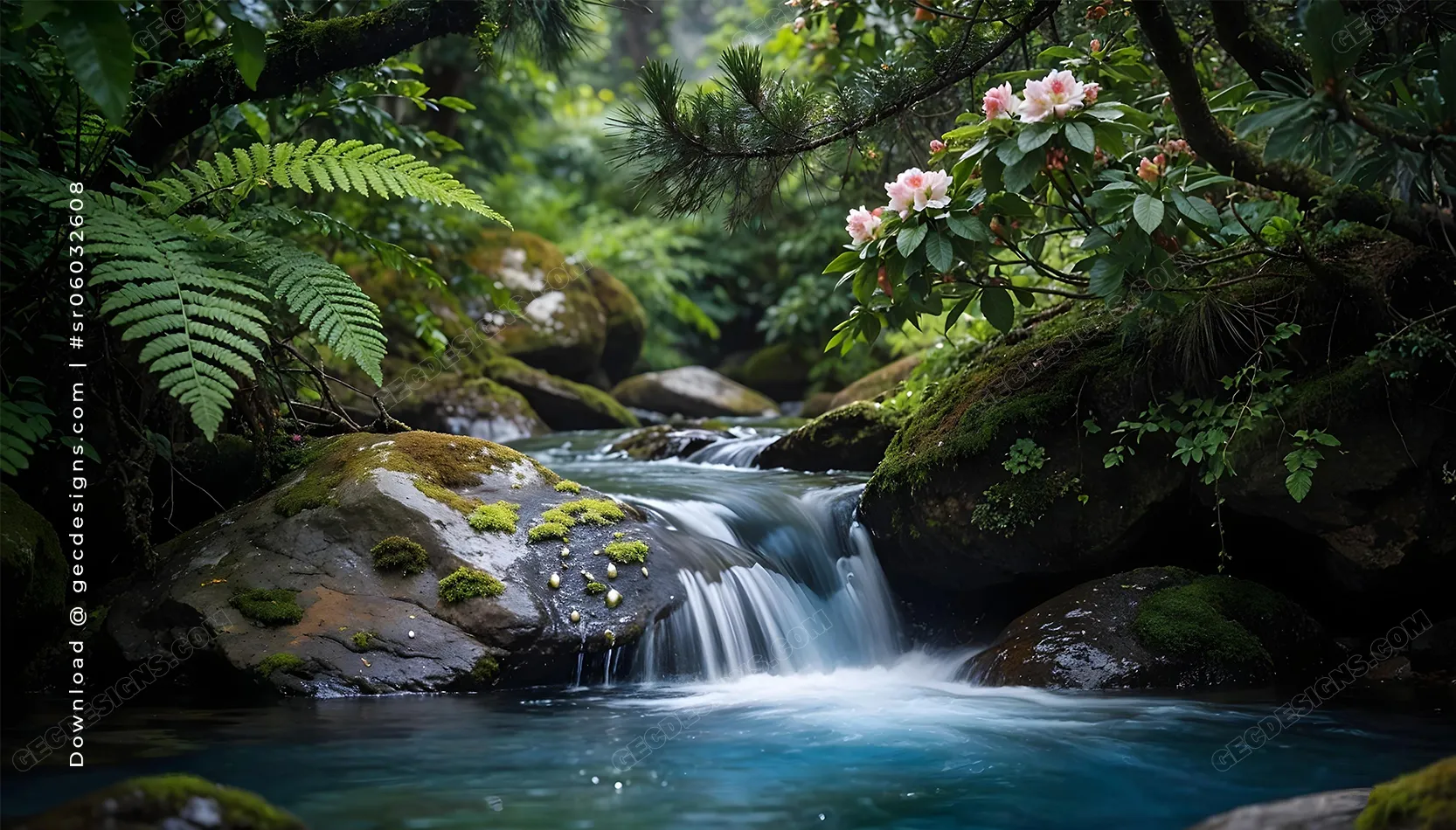 Peaceful Forest Stream Waterfall with Flowers and Mossy Rocks Nature ...