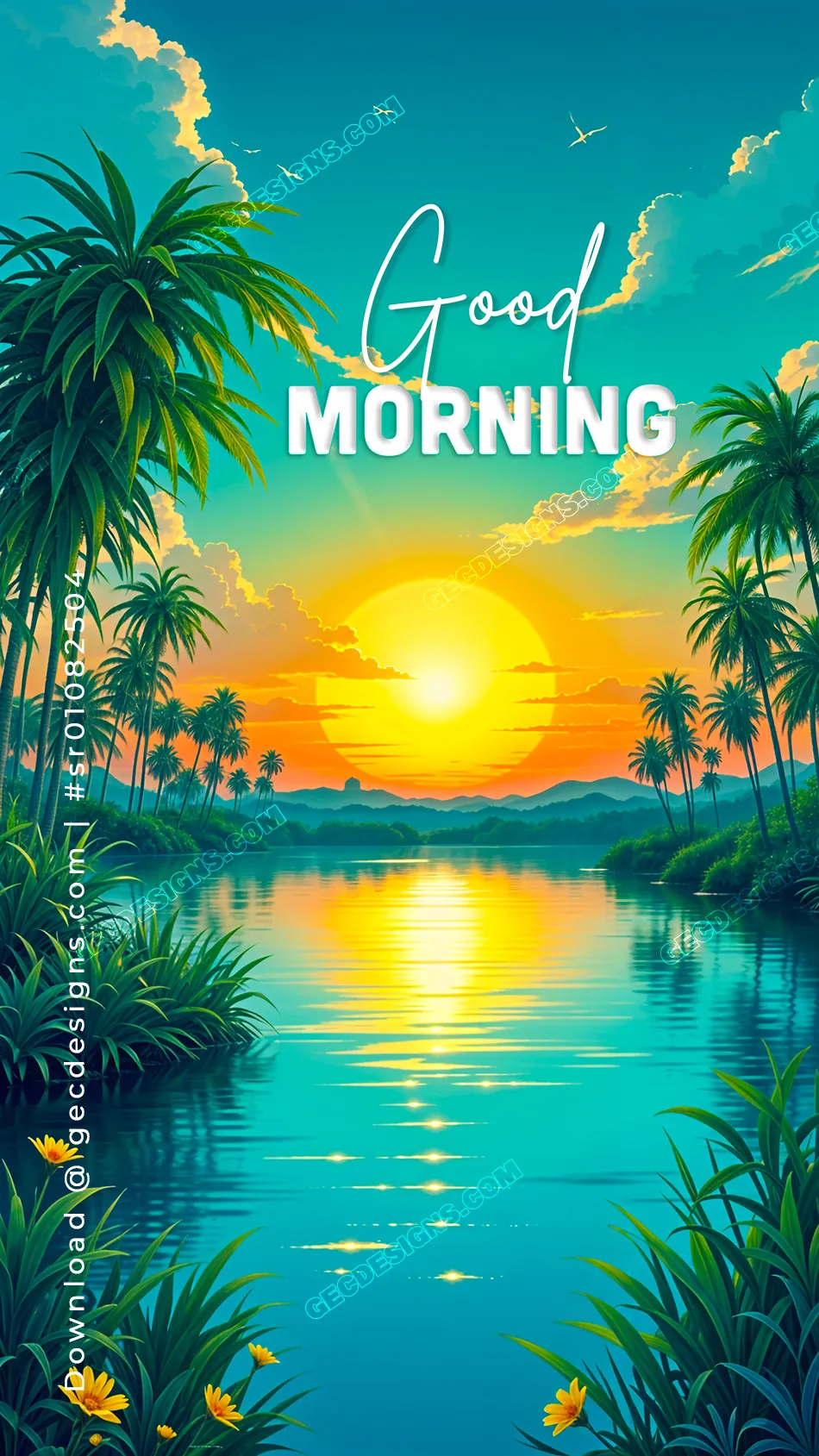 Peaceful Good Morning Image with Tropical Sunrise Over River and Palm Trees  - GEC Designs, image size:950x1689