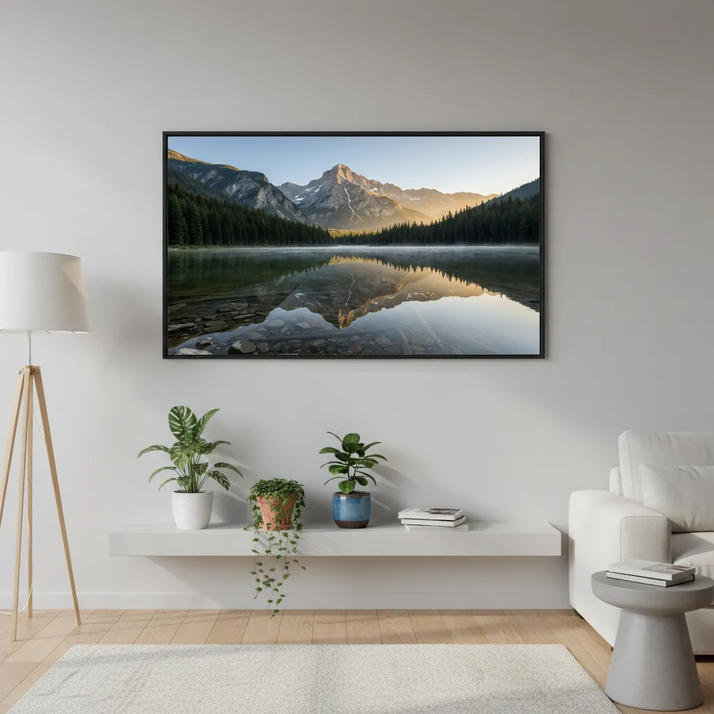 Peaceful Mountain Lake Nature Desktop Wallpaper With Golden Sunrise Reflection Sr24022604 Mockup Two