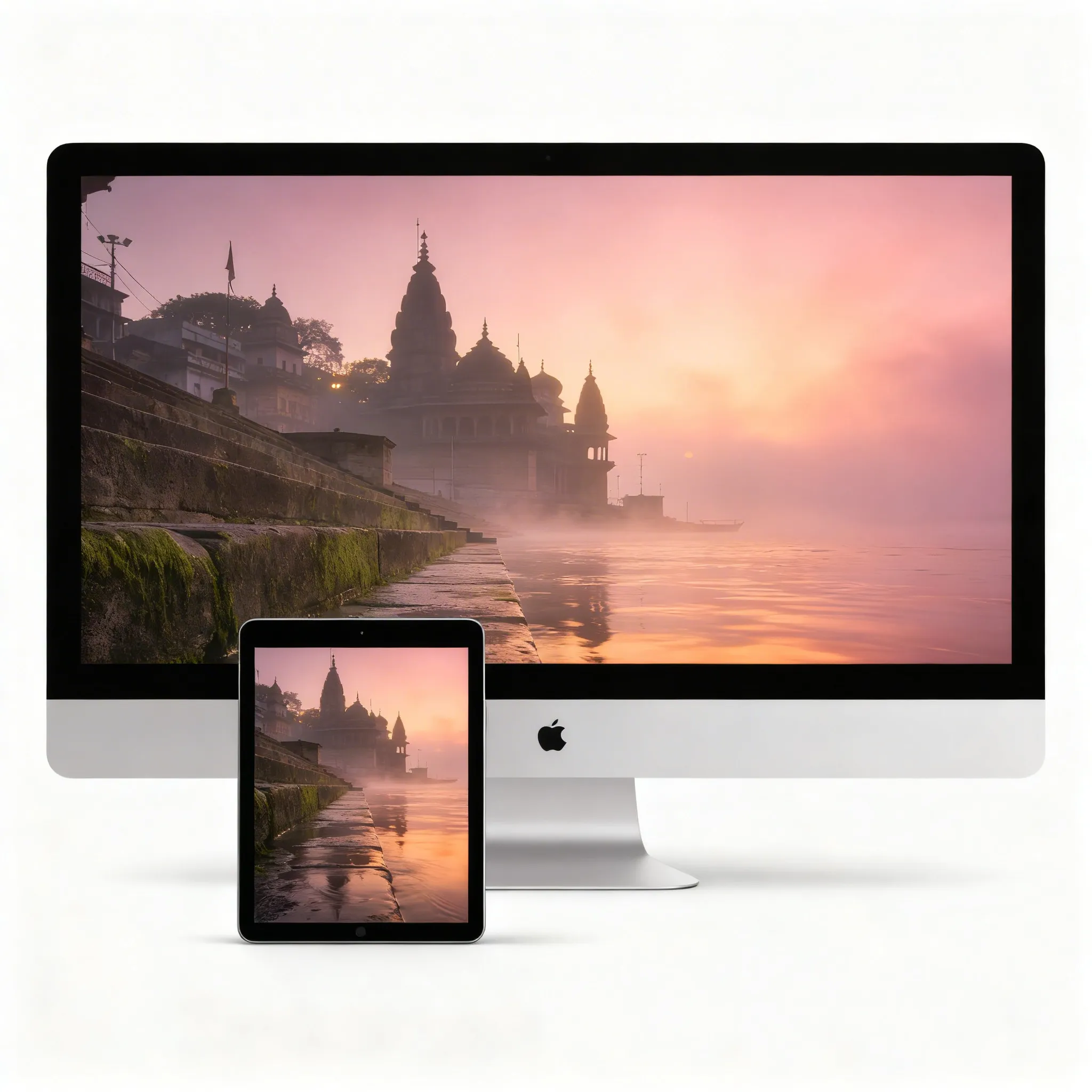 Peaceful Sunrise At Varanasi Ghats On The River Ganga Spiritual Desktop Wallpaper Sr06032607 Mockup One