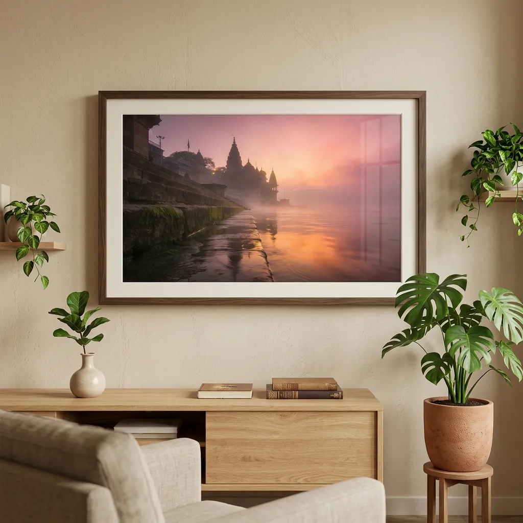 Peaceful Sunrise At Varanasi Ghats On The River Ganga Spiritual Desktop Wallpaper Sr06032607 Mockup Two
