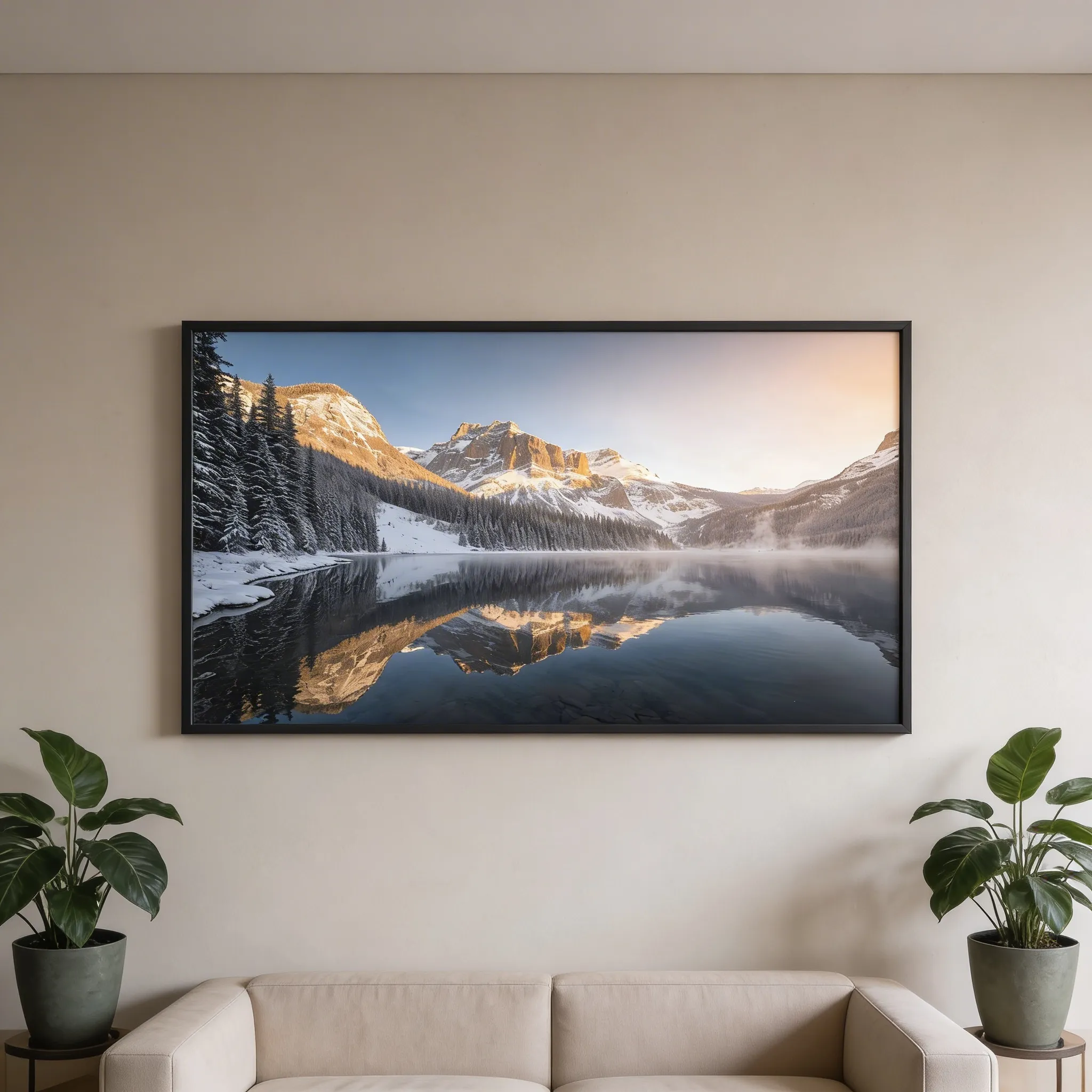 Peaceful Winter Lake Reflection Desktop Wallpaper With Golden Mountain Glow Sr24022615 Mockup Two