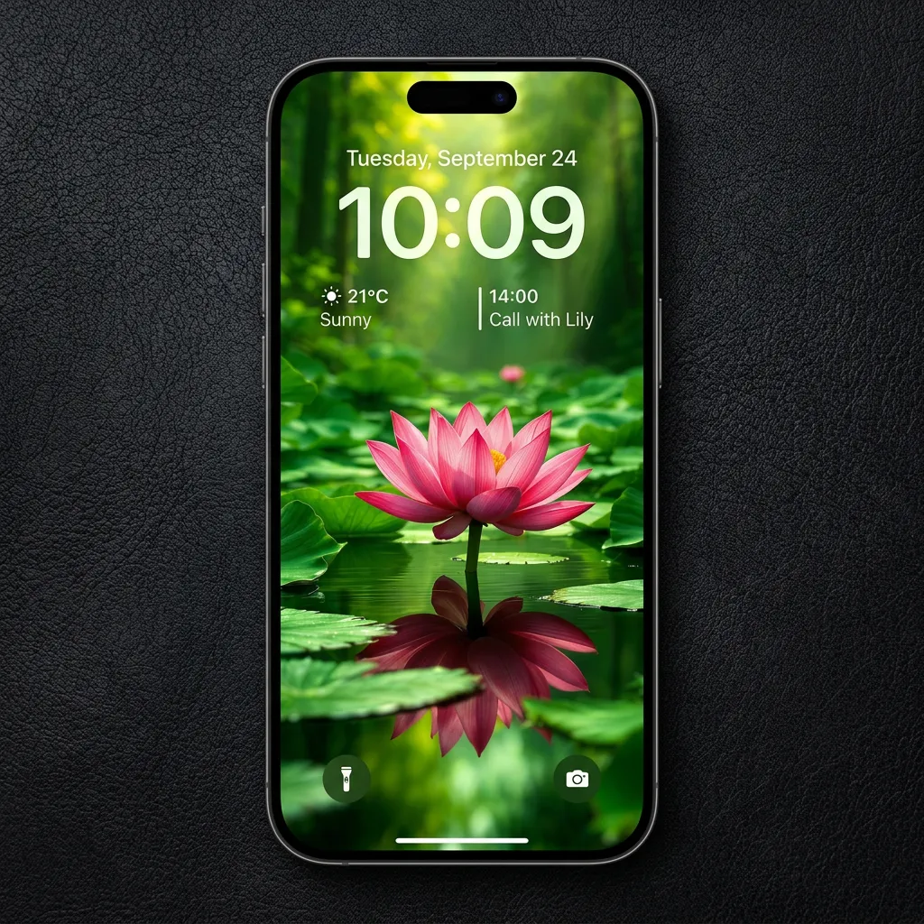 Pink lotus flower iPhone wallpaper with green pond reflection mockup one