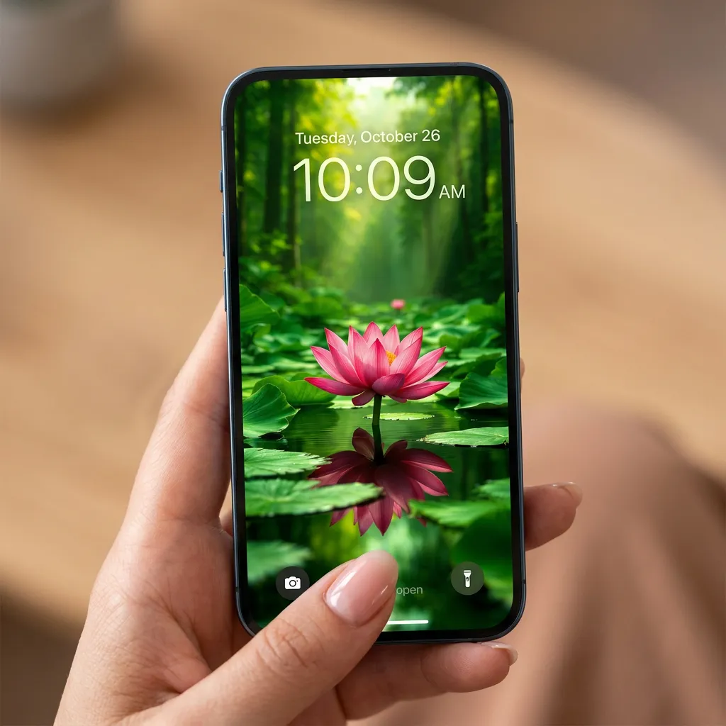 Pink lotus flower iPhone wallpaper with green pond reflection mockup two