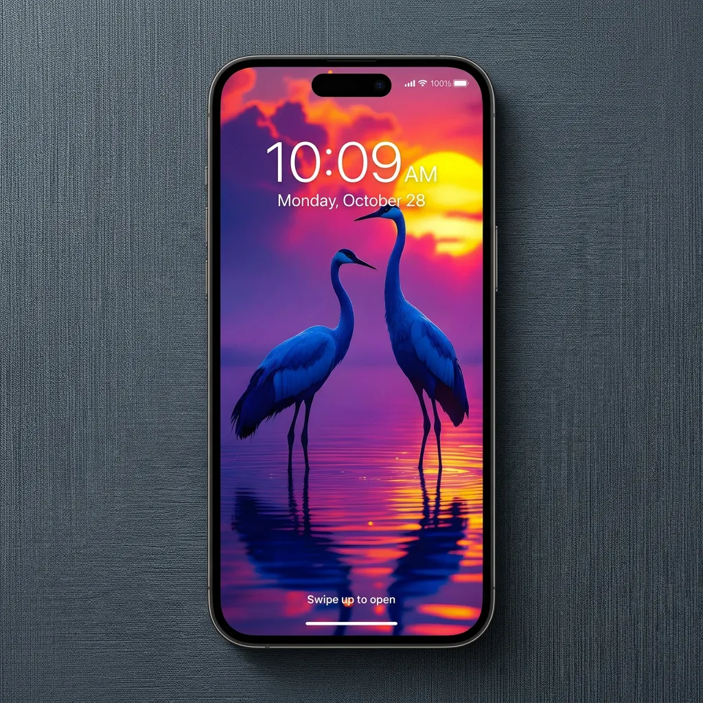 Pink sunset birds iPhone wallpaper with water reflection mockup one