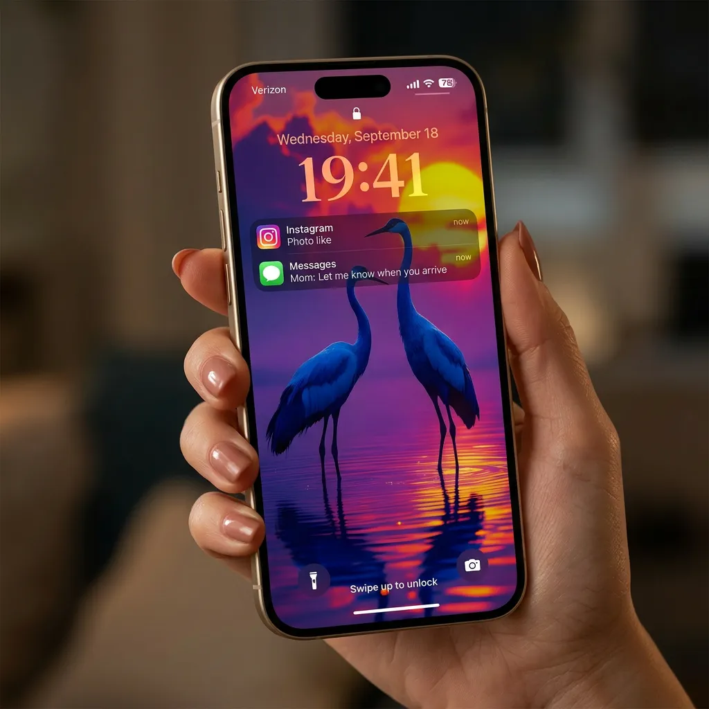 Pink sunset birds iPhone wallpaper with water reflection mockup two