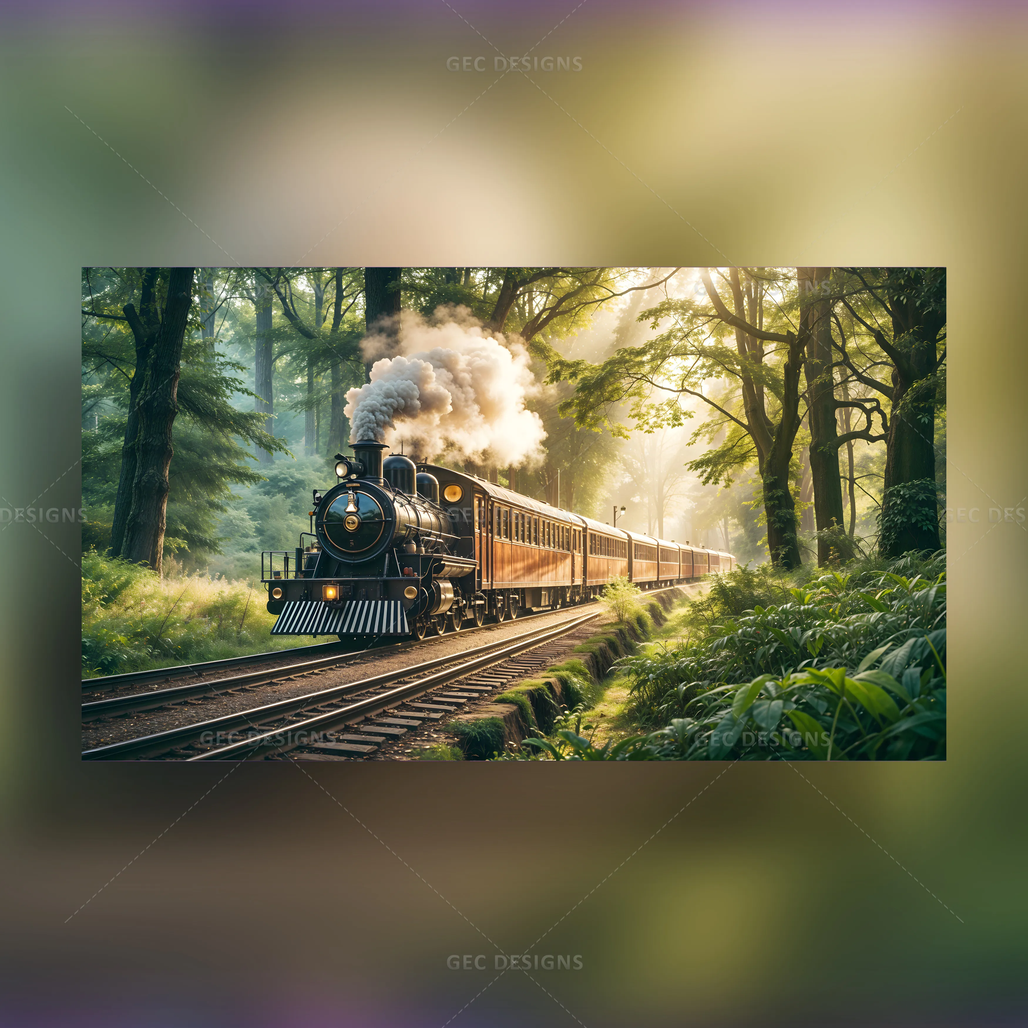 Powerful old steam train chugs through vibrant greenish forest ...