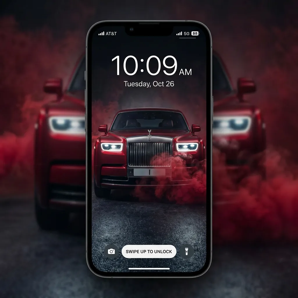 Premium red car wallpaper with dark road reflection mockup one