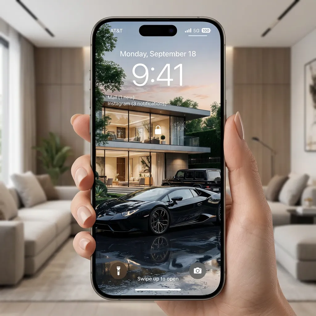 Premium supercar iPhone wallpaper with modern villa and elegant evening setting mockup one