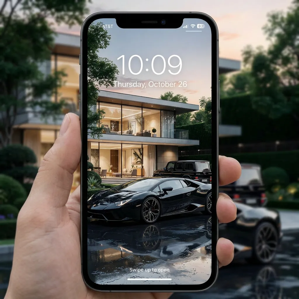 Premium supercar iPhone wallpaper with modern villa and elegant evening setting mockup two