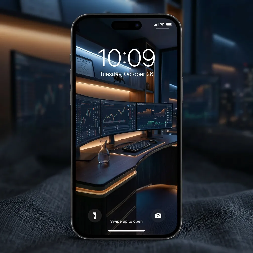 Professional trading setup iPhone wallpaper with dual screens and market analytics mockup one