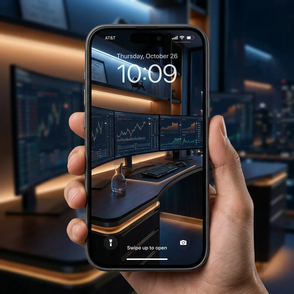 Professional trading setup iPhone wallpaper with dual screens and market analytics mockup two