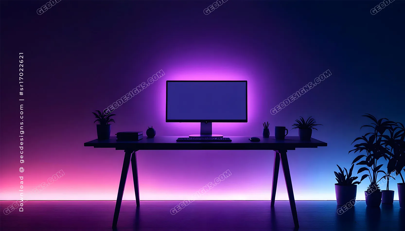 Purple and Blue Neon Developer Workspace Desktop Wallpaper