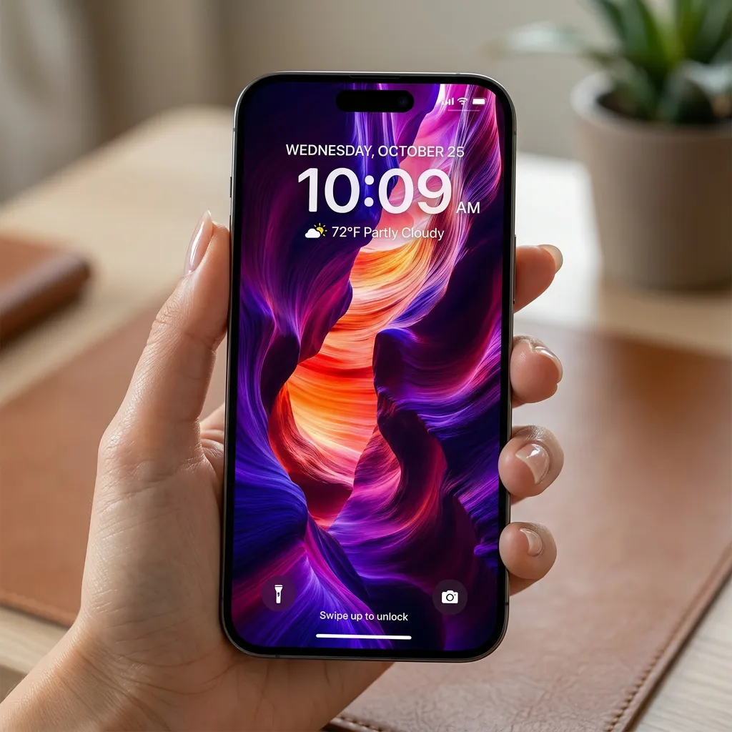 Purple and orange slot canyon iPhone wallpaper with glowing center mockup one
