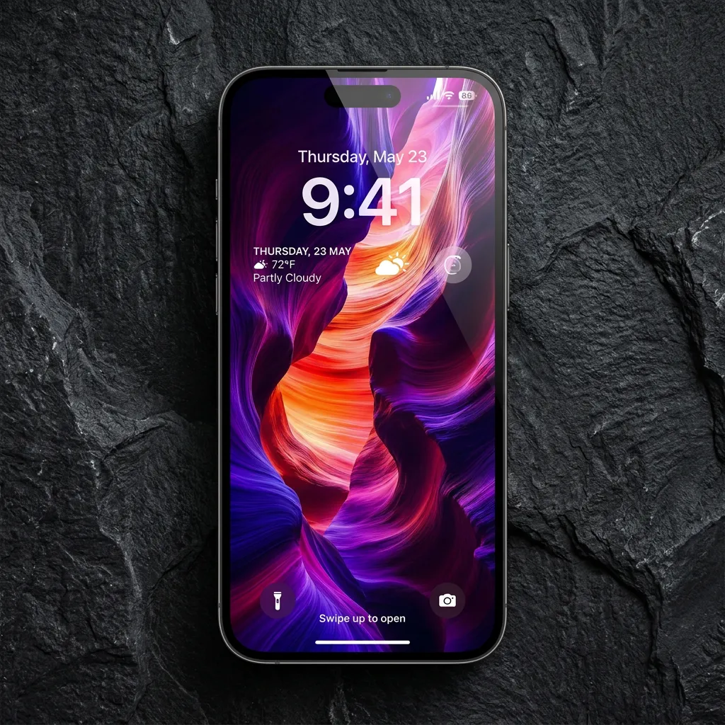 Purple and orange slot canyon iPhone wallpaper with glowing center mockup two