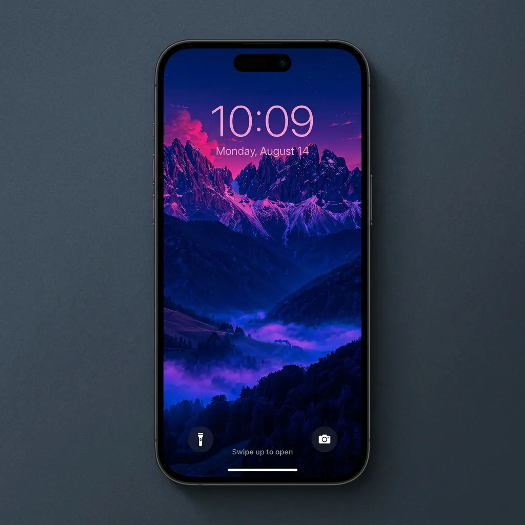 Purple and pink twilight mountain iPhone wallpaper with misty valley mockup one