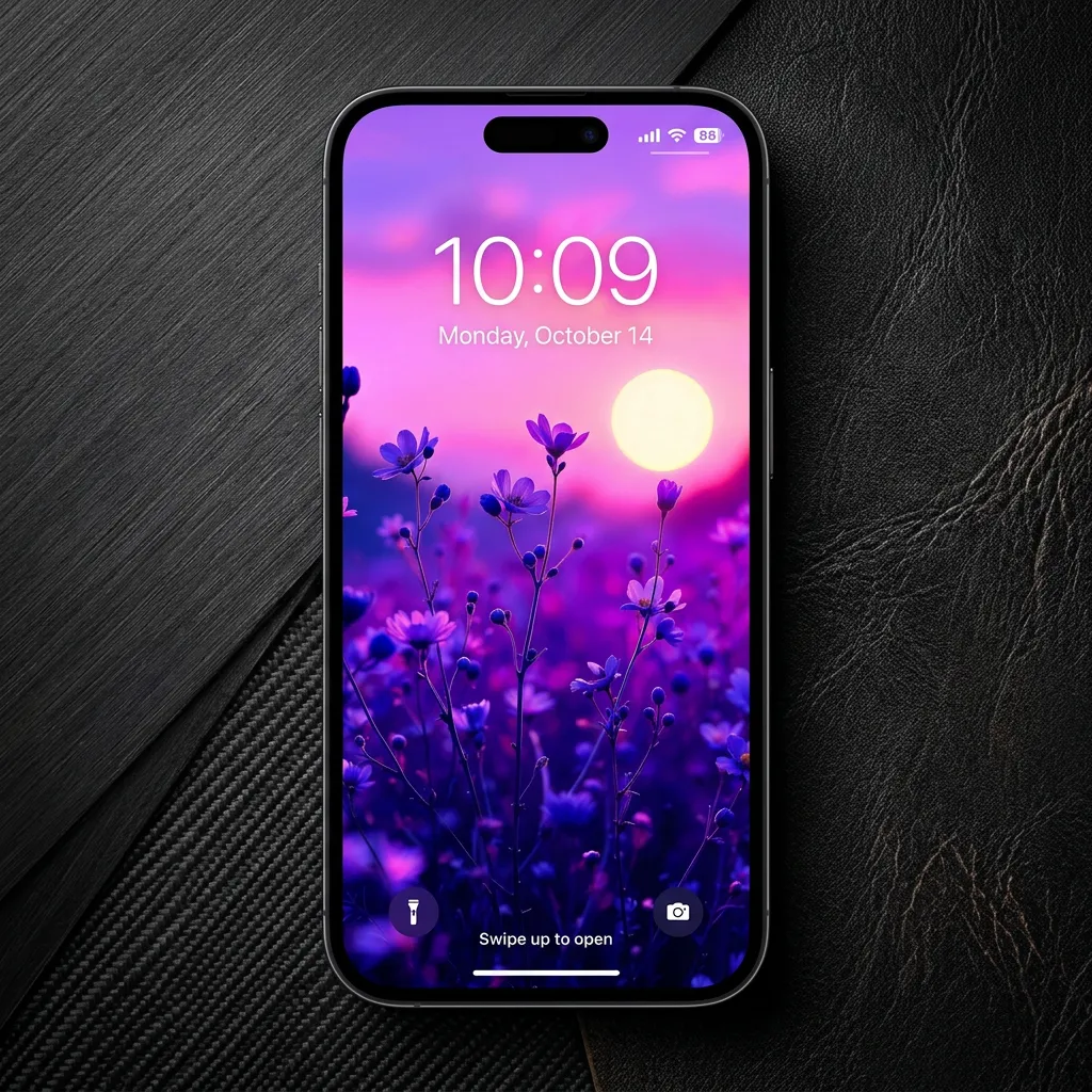 Purple flower iPhone wallpaper with soft sunset glow mockup one