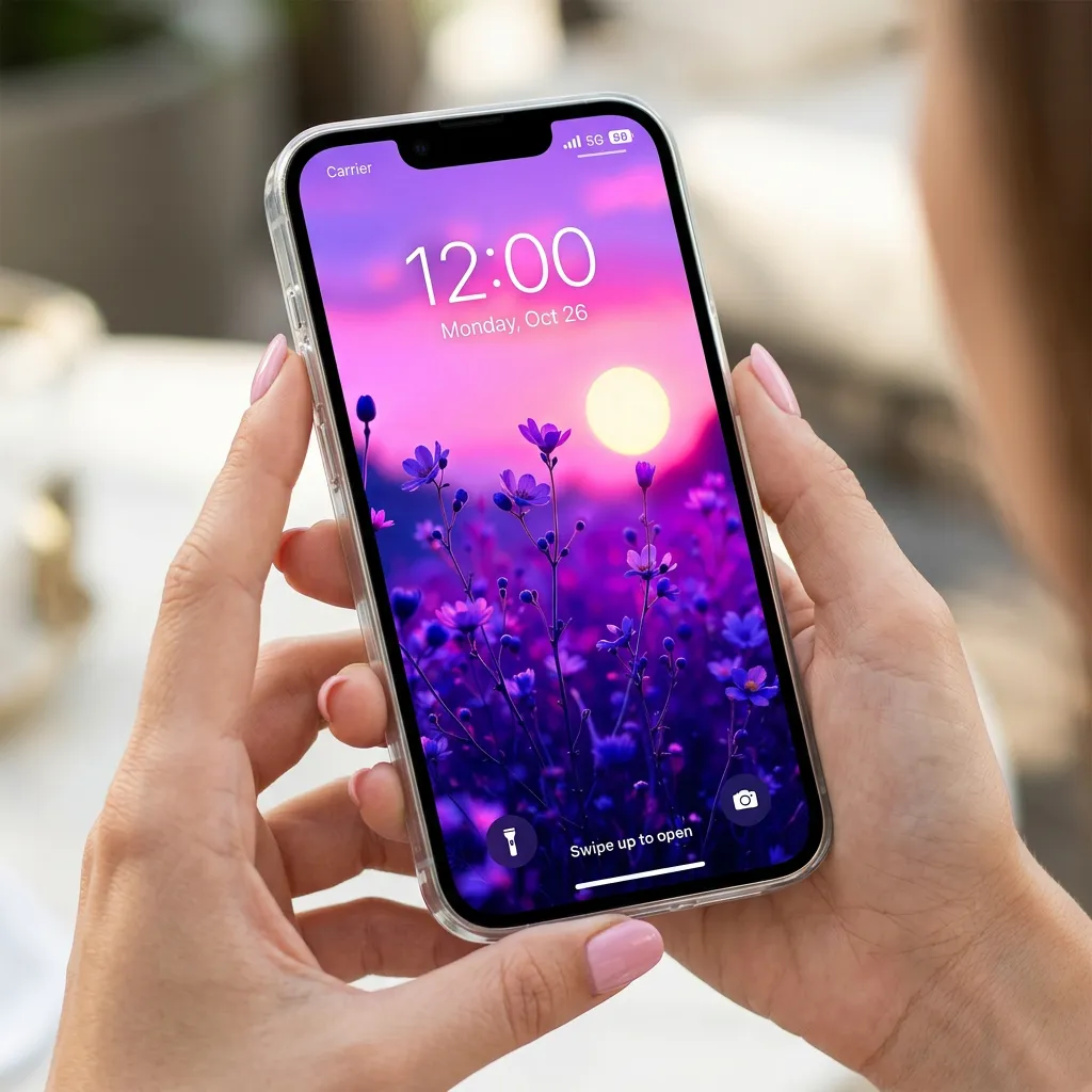 Purple flower iPhone wallpaper with soft sunset glow mockup two