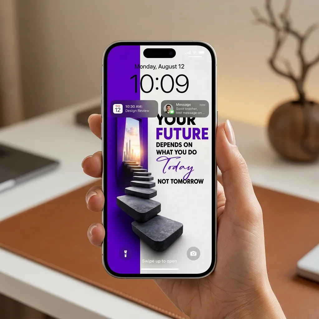 Purple success mindset iPhone wallpaper with stairway to future design