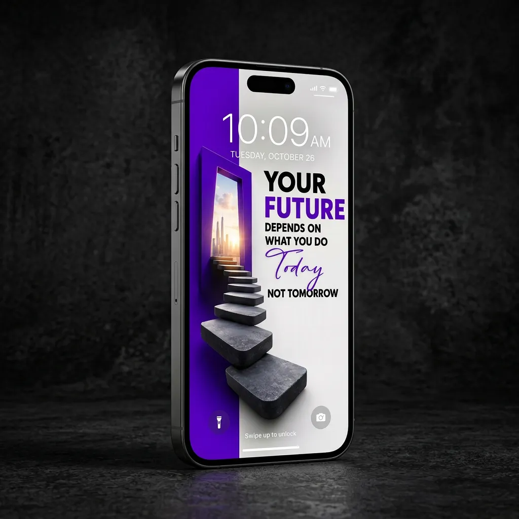 Purple success mindset iPhone wallpaper with stairway to future design mockup two