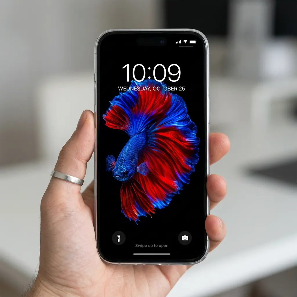 Red and blue betta fish iPhone wallpaper mockup two