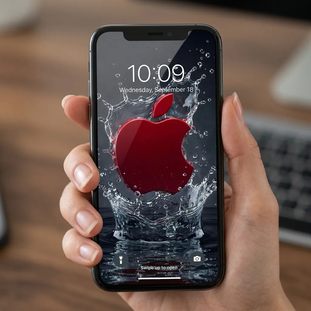 Red apple logo iPhone wallpaper with water splash mockup one