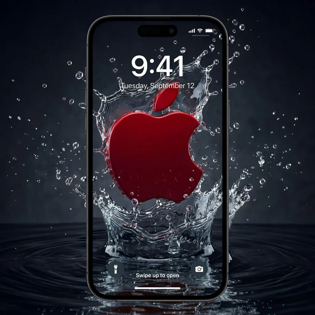 Red apple logo iPhone wallpaper with water splash mockup two