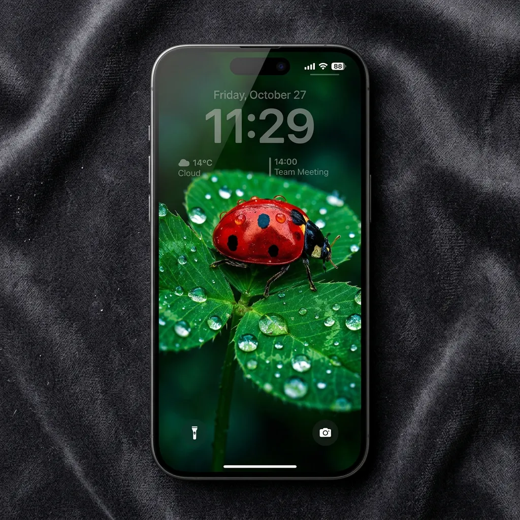 Red ladybug on a dewy green leaf iPhone wallpaper with water drops mockup one