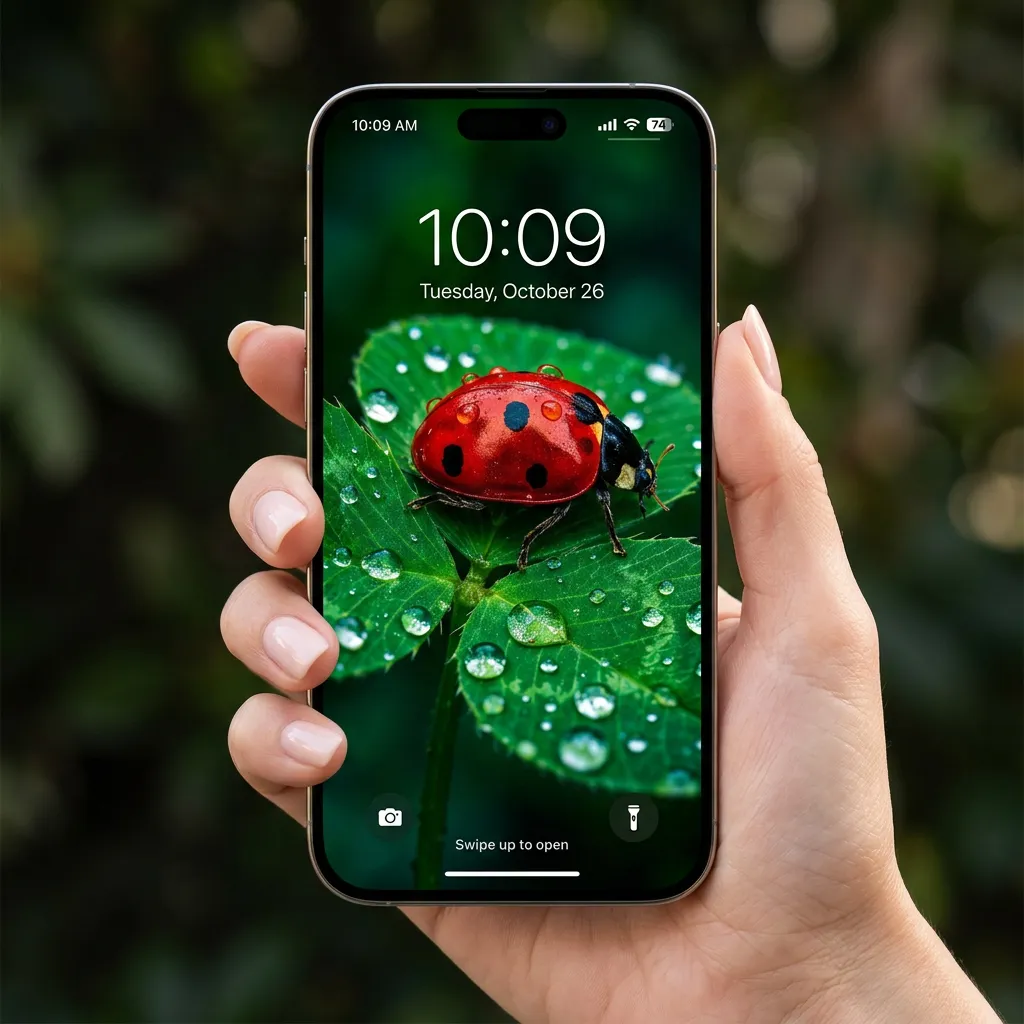 Red ladybug on a dewy green leaf iPhone wallpaper with water drops mockup two