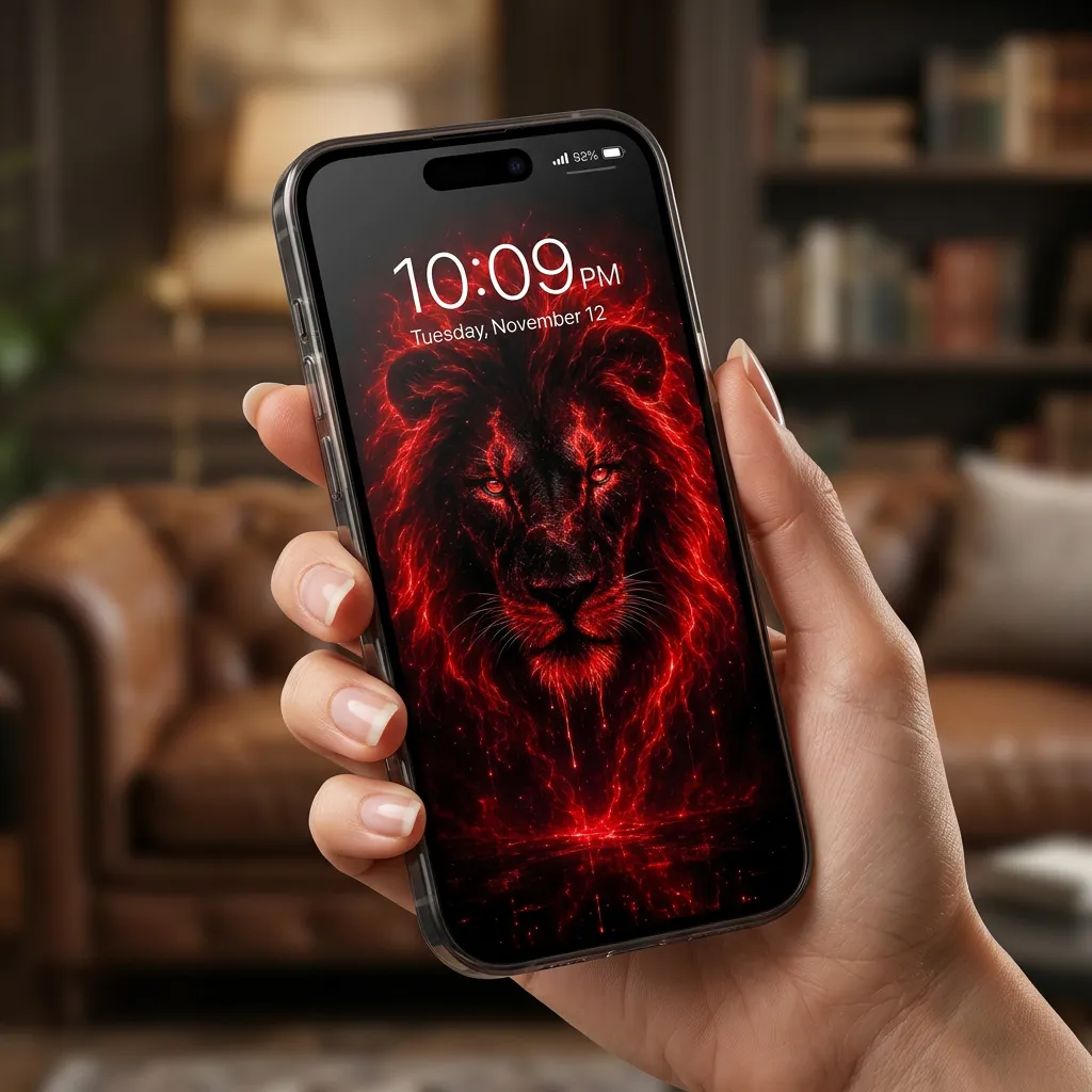 Red lion iPhone wallpaper with dark fire glow mockup one