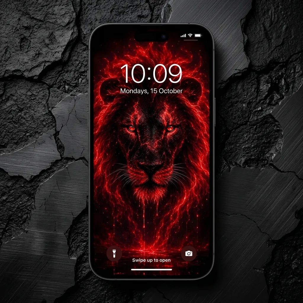 Red lion iPhone wallpaper with dark fire glow mockup two