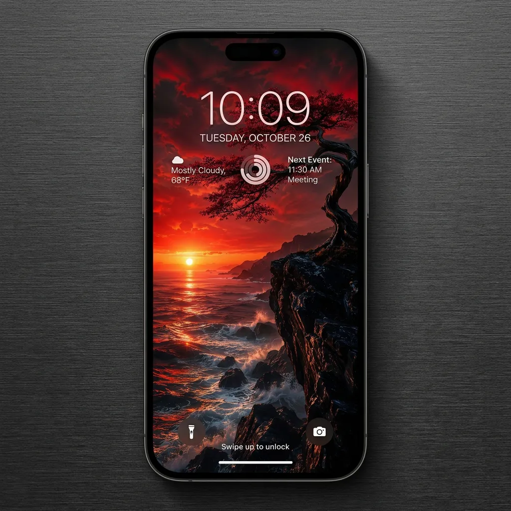 Red ocean sunset iPhone wallpaper with twisted tree mockup one